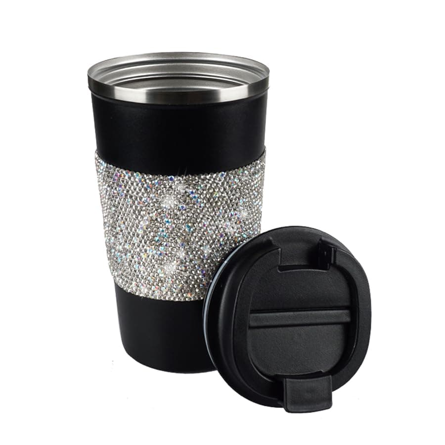 Blinged Tumbler with Lid, Sparkling Car Coffee Mug,Birthday Gift for Women, Girls, Teens, Adults, Black