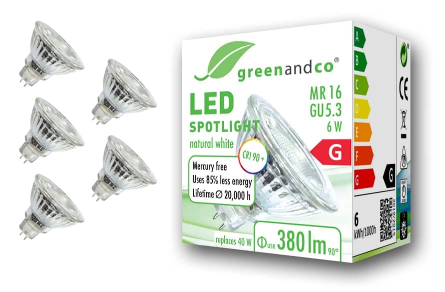 greenandco® CRI 90+ 4000K 36° LED spot Replaces 40 Watt GU5.3 MR16 Halogen Spotlight, 6W 380 Lumen Neutral White 12V AC/DC, not dimmable, 5-Pack [Energy Class G]