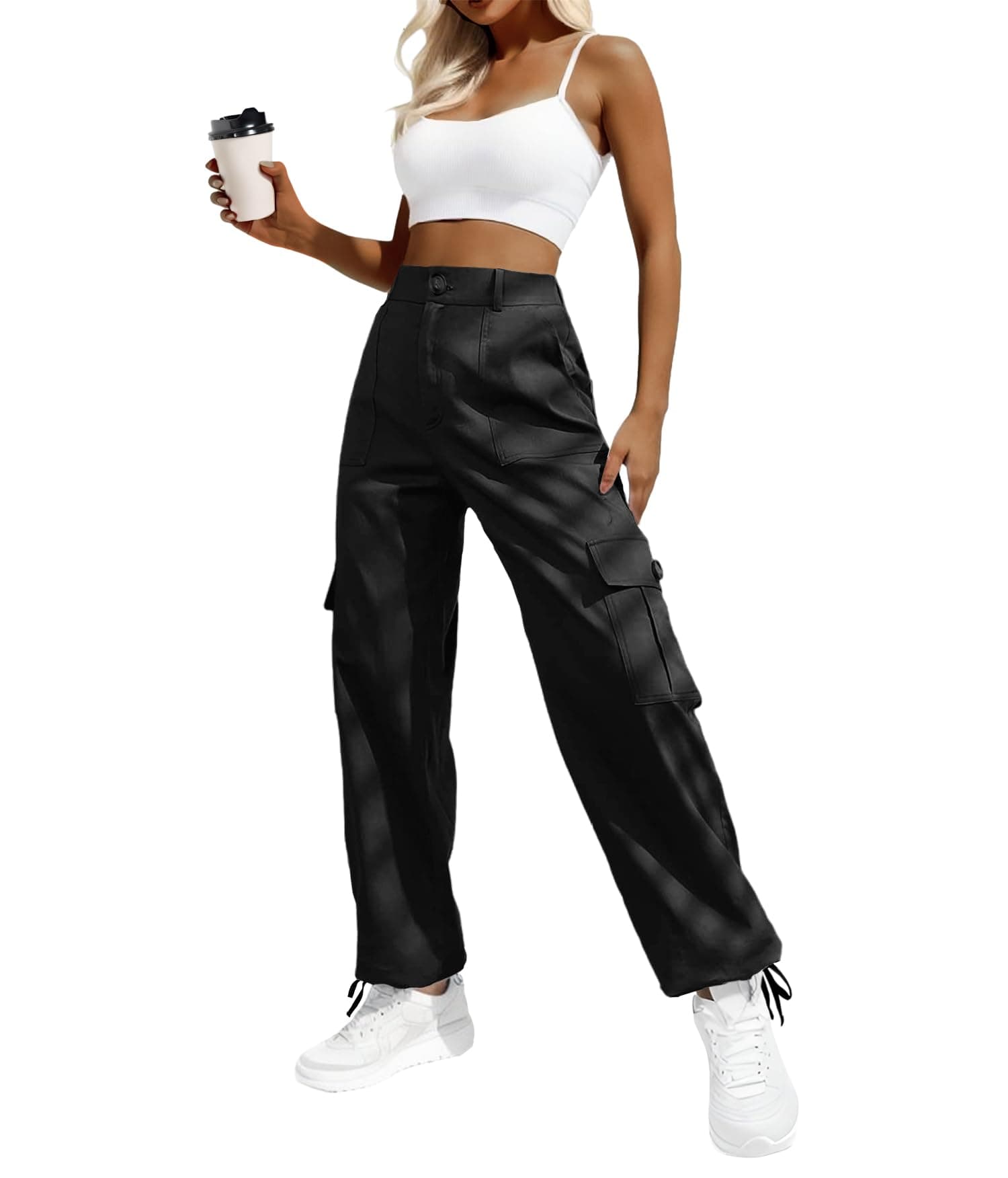 Women's High Waisted Cargo Pants Travel Y2K Streetwear Baggy Stretchy Pants with 6 Pockets Drawstring Ankle Cuffs