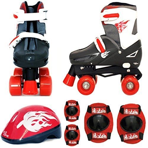 Sk8 Zone Boys Red Black Quad Skates Padded Kids Roller Boots Safety Pads Helmet Childrens Skate Set