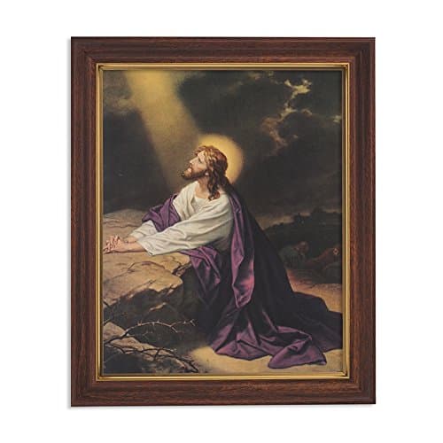 Gethsemane Jesus Christ in the Garden 8"x10" Framed Art Print Wall Plaque Frame is Carved in Wood with Oak Stain and Gold Leaf Finish Includes Prayer Card