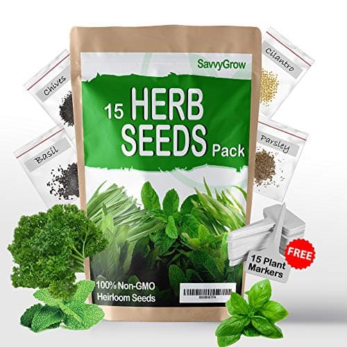 SavvyGrow 15 Variety Heirloom Herb Seeds - 4000+ Survival Garden Seeds for Planting and 15 Free Plant Markers - 95% Germination Rate, Non-GMO & Source in USA