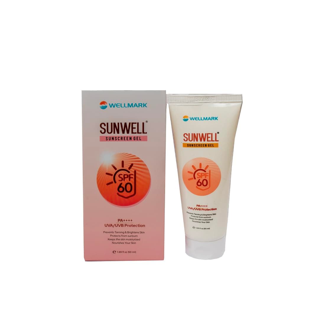 SUNWELL SPF 60 gel GIVES BROAD SPECTRUM PROTECTION AGAINST UVA & UVB RAYS/SWEAT AND WATER PROOF/NON GREASY/NON STICKY/SUITABLE FOR ALL SKIN TYPES/TOTAL MAT EFFECT pa++++