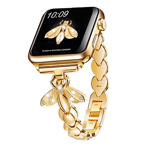 Sangaimei Strap Compatible Apple Watch Band 38mm 40mm 41mm Women Iwatch Band Dressy Stainless Steel Wristband for Apple Watch Series 7/6/5/SE/4/3/2/1 Gold