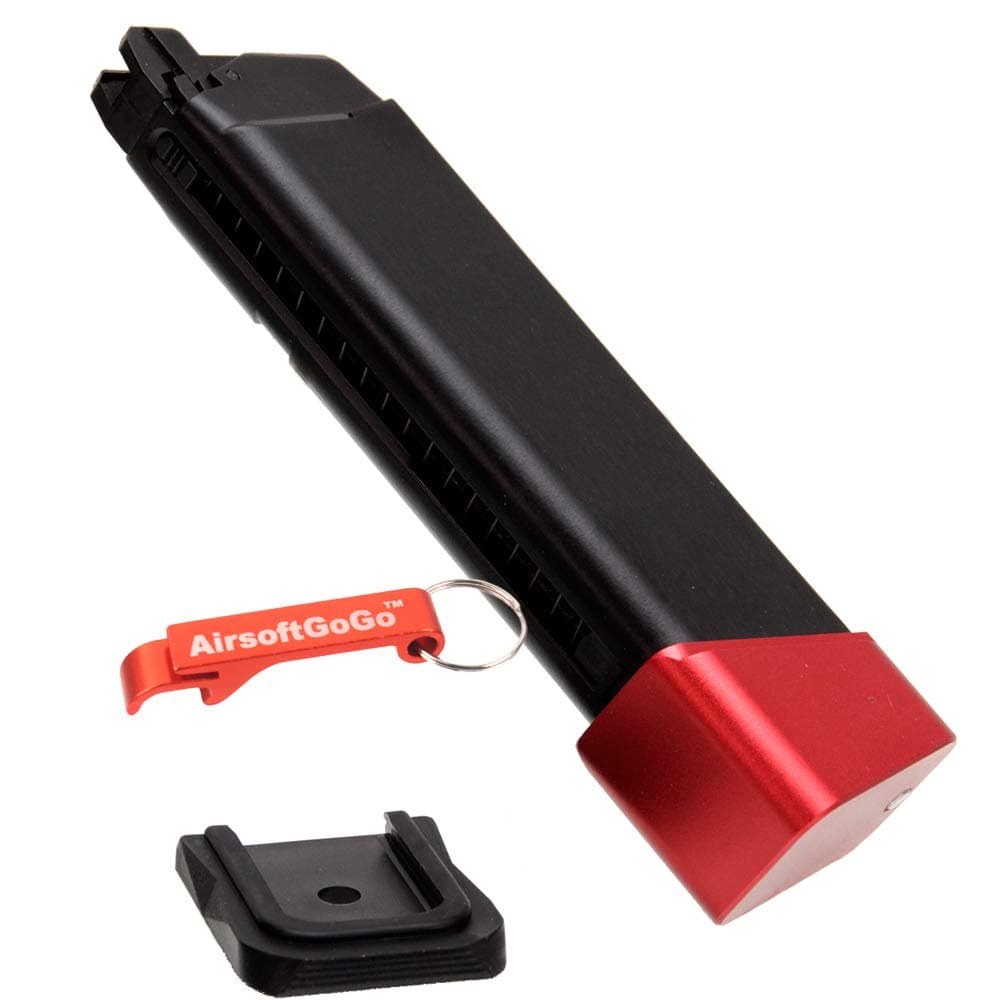 AGG X AMORER WORKS CUSTOM Magazine with Mag Base Stand for Marui & WE G17,G18c, G34, G35 Series Airsoft GBB (Black & Red)