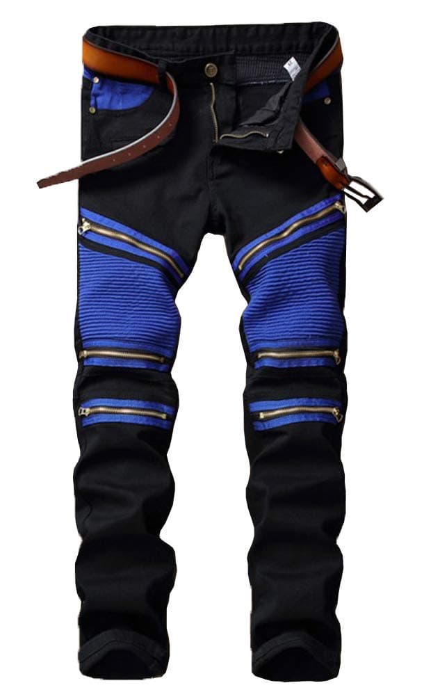 Enrica Men's Ripped Straight Slim Moto Biker Jeans