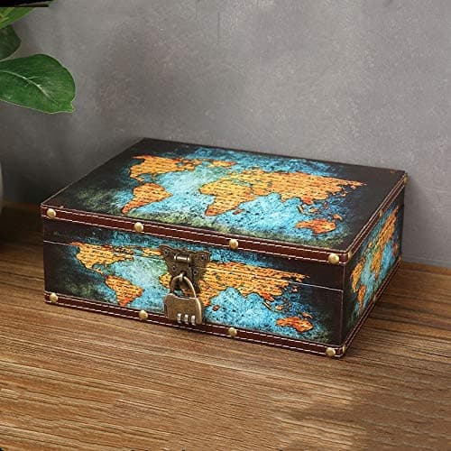 WANLIAN Vintage Wooden Treasure Chest with PU Leather Cover, Lockable Keepsake Jewelry Box, 10.6 * 8.6 * 3.7 inches, Blue, Map Pattern, Storage Box