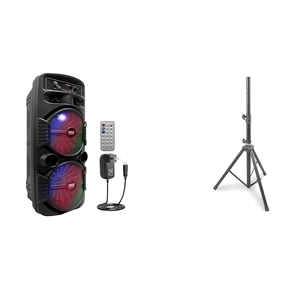 Pyle 600W Bluetooth PA System Bundle With Universal Stand - Portable Karaoke Party Speaker With Flashing Lights, Wireless Streaming, Rechargeable Battery
