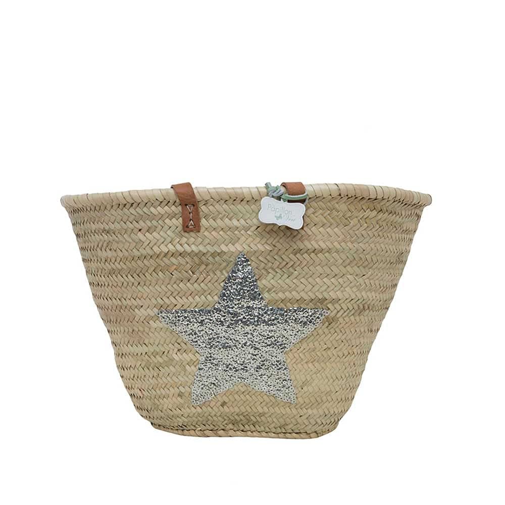 Emma Large Straw Basket Bag with Long Leather Straps and Sequin Star, Silver