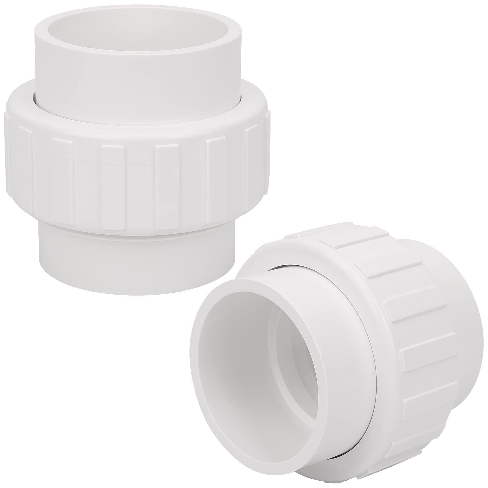 2 Pack 2" PVC Union Coupling Pipe Fitting (Socket x Socket) 2 Inch PVC Slip Union PVC Adapter Coupling Schedule 40, EPDM O-Ring, White