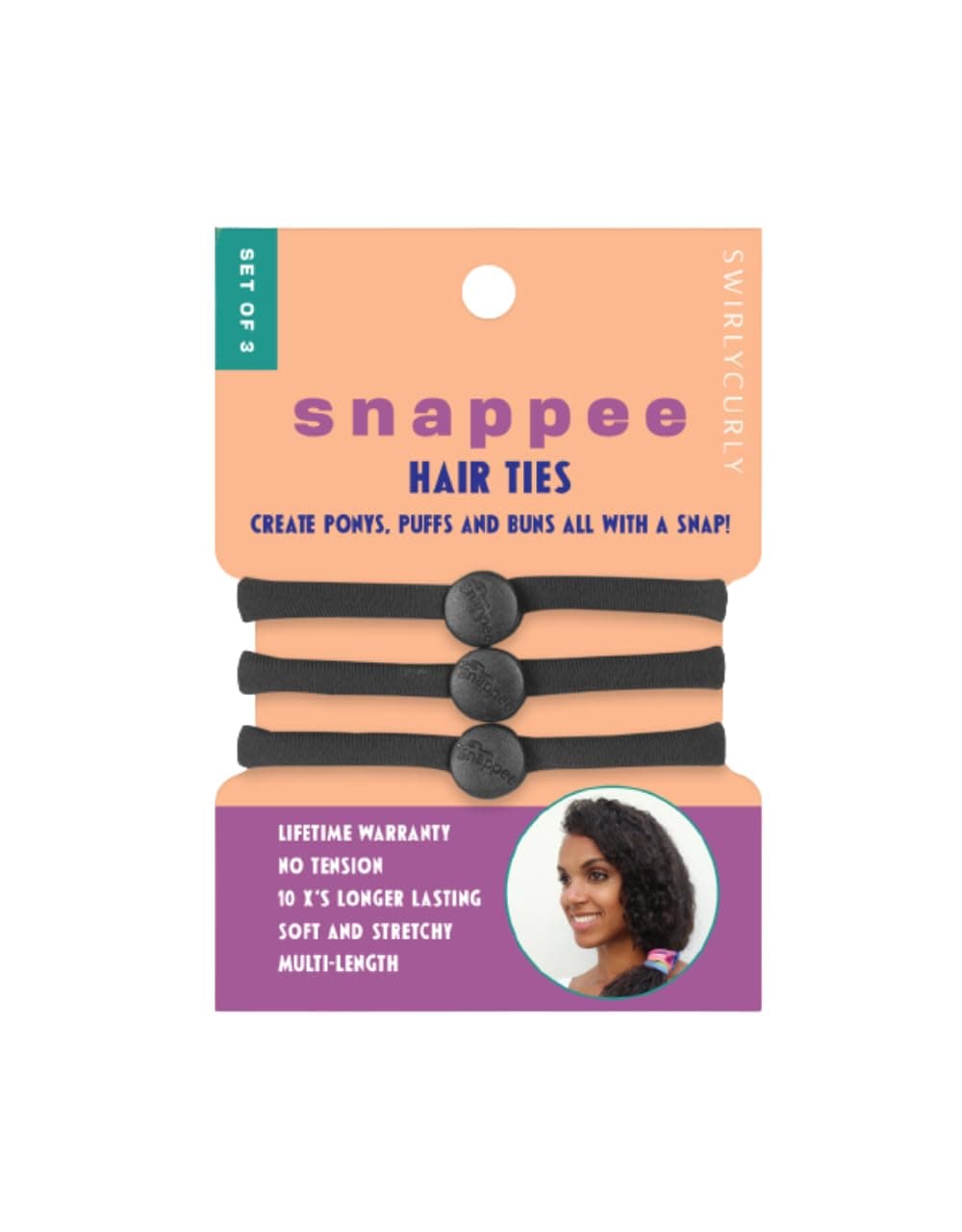 Snap Hair Ties for Thick, Natural, Curly Hair | No Slip, No Tension Pro Hair Tie | Strong Ponytail Holder (3 Pack, Black)