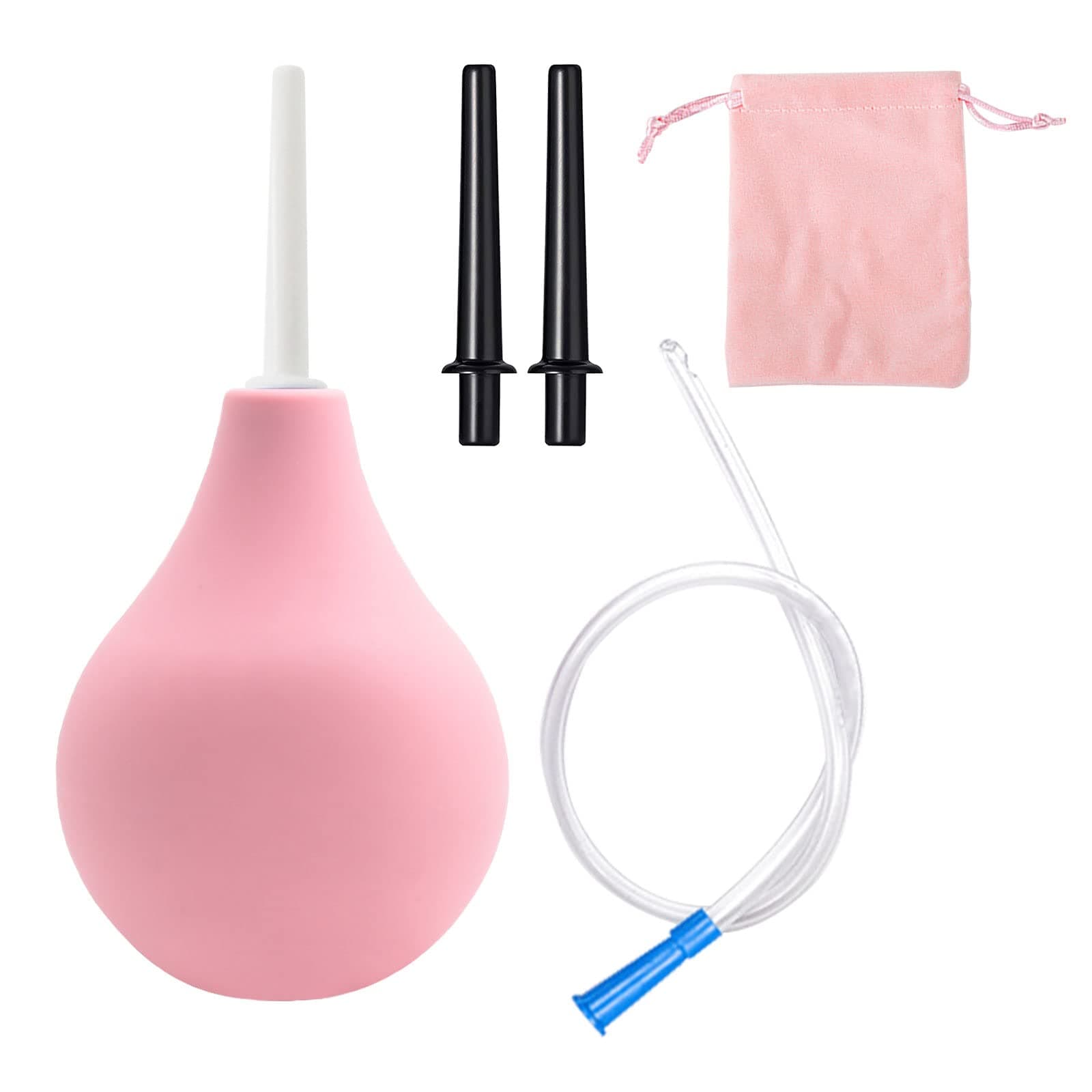 225 ML Bulb Douche Set for Men & Women, 2 Reusable Slim Nozzles, 1 Long Tube Hose Nozzle & 1 Storage Bag, Silicone Douche Bulb Cleaning Kit (Pink)
