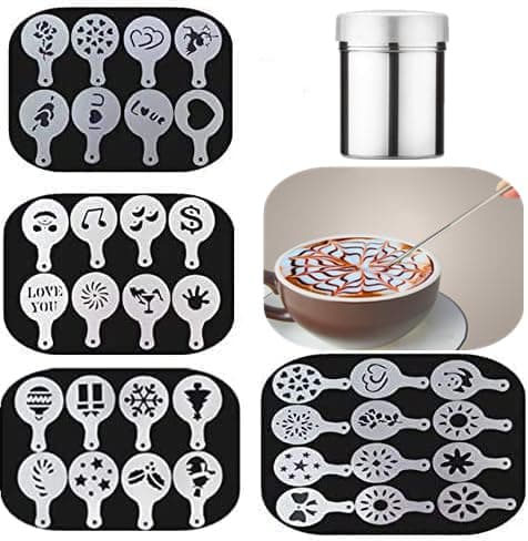 Magnoloran 36 Coffee Decorating Stencils + 1 Stainless Steel Mesh Powder Shaker + 1 Coffee Latte Art Pen, Foam Latte Art Stencils Barista Templates for Oatmeal Cupcake Cake Cappuccino Mousse Chocolate