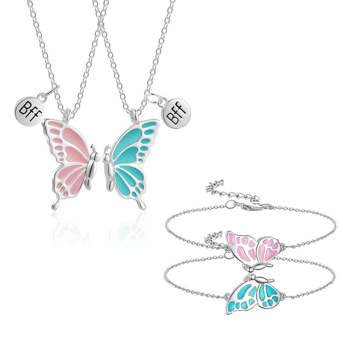 XPEX Friendship Necklace Set for 2 Women Girls BFF Necklace Butterfly Jewellery Pendant and 2 Butterfly Bracelets, Gift for Friends, Personalised Jewellery