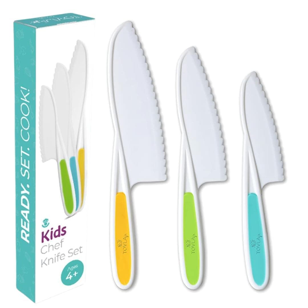 Tovla Jr Kid Safe Knife Gift Set for Real Cooking | Toddler Kitchen Knives | Montessori STEM Cooking Tools | Kids Chef Knives and Utensils | BPA Free Dishwasher Safe | Birthday Gift Ages 4 to 12