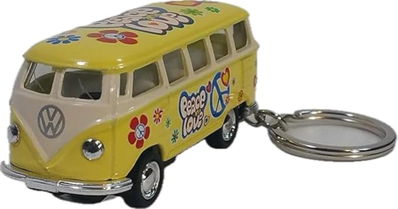 1962 Volkswagen Classic Hippie Love & Peace Bus 1:64 Scale 2.5 Inch Die Cast Metal Model Key Chain, Pullback Action (Yellow)