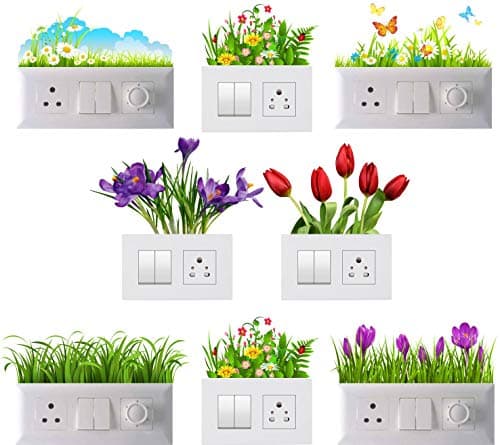 Vinyl Self-Adhesive Switch Board Sticker Floral Stickers Wall Stickers Light Switch Sticker - Pack of 1(8 Stickers)26x4x4cms