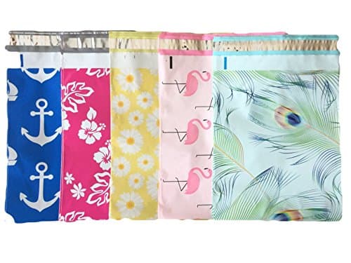 Designer Poly Mailers 10x13 : Peacock, Nautical, Flamingo, Daisy, Pink Aloha; Printed Self Sealing Shipping Poly Envelopes Bag (40 Mix Variety Pack #1)