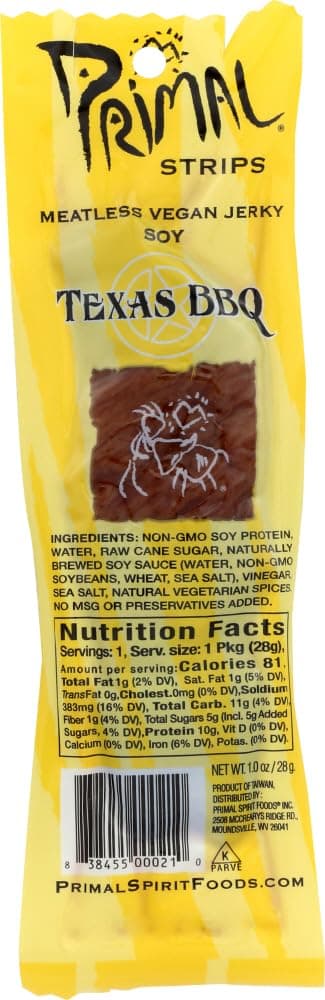 - Primal Spirit “SOY” Vegan Jerky – “Classic Flavor” – Texas BBQ, 10 g. Plant Based Protein, Certified Non-GMO, No Preservatives, Sports Friendly Packaging (12 Pack, 1 Oz)