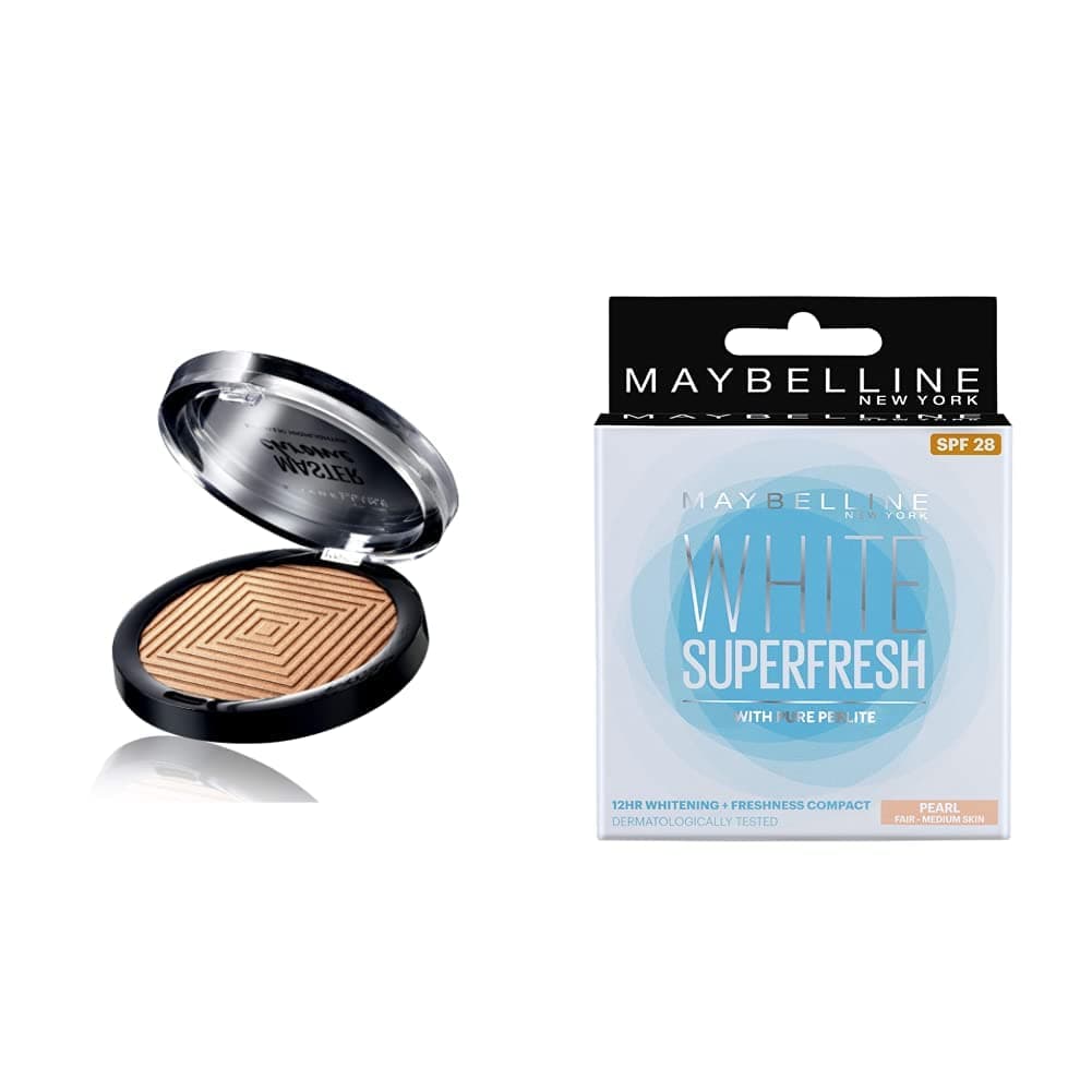 Maybelline New York Face Studio Master Chrome Metallic Highlighter, Molten Gold, 6.7g and Maybelline New York White Super Fresh Compact, Pearl, 8g