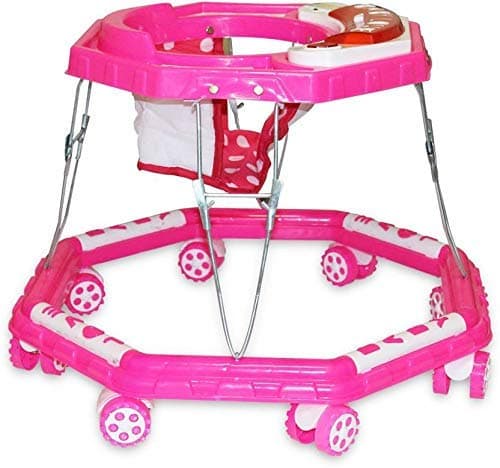 AKSHAT ABS Plastic and Metal Simple Steps Music and Light Cushioned Seat Baby Walker for Children Baby (Pink)