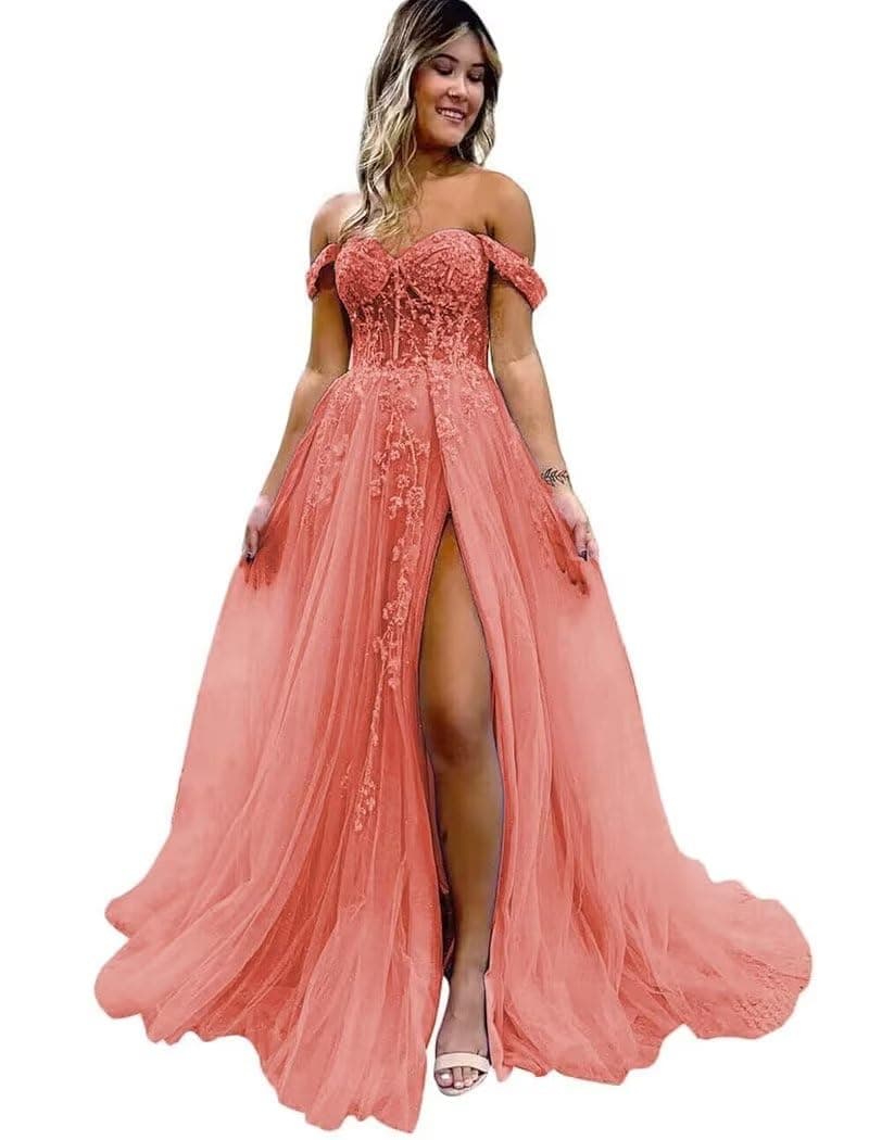 Off Shoulder Tulle Prom Dress 2024 for Women Laces Appliques Princess Evening Party Gown Beaded Split Ball Gown
