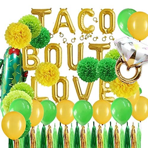 Green and Gold Taco Bout Love Foil Cactus Balloons Tissue Pom Poms Flowers Tassel Garlands Set Fiesta Party Theme Bridal Shower Wedding Announcement Ideas Mexican Fiesta Theme Supplies