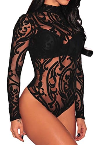 Joytoo Womens Sexy Teddy Lingerie Bodysuit Sheer Long Sleeve Bodysuit,Black Floral,L
