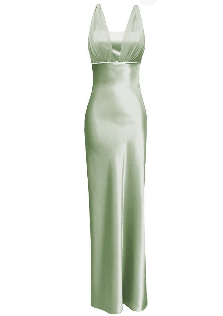 Satin Chiffon Holiday Bridesmaid Long Formal Gown Crystals Junior Plus Sage XX-Large