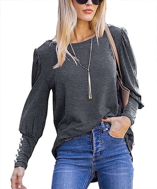 MAKARTHY Puff Sleeve Tops for Women Boat Neck Fall Long Sleeve Shirt Dressy Casual Tunics Dark Grey