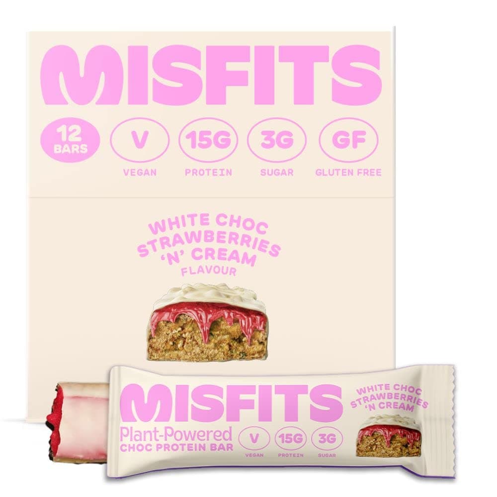 Misfits Vegan Protein Bar, High Protein, Low Sugar, Gluten Free, Plant Based Protein Bar, 12 Pack (Strawberries & Cream)