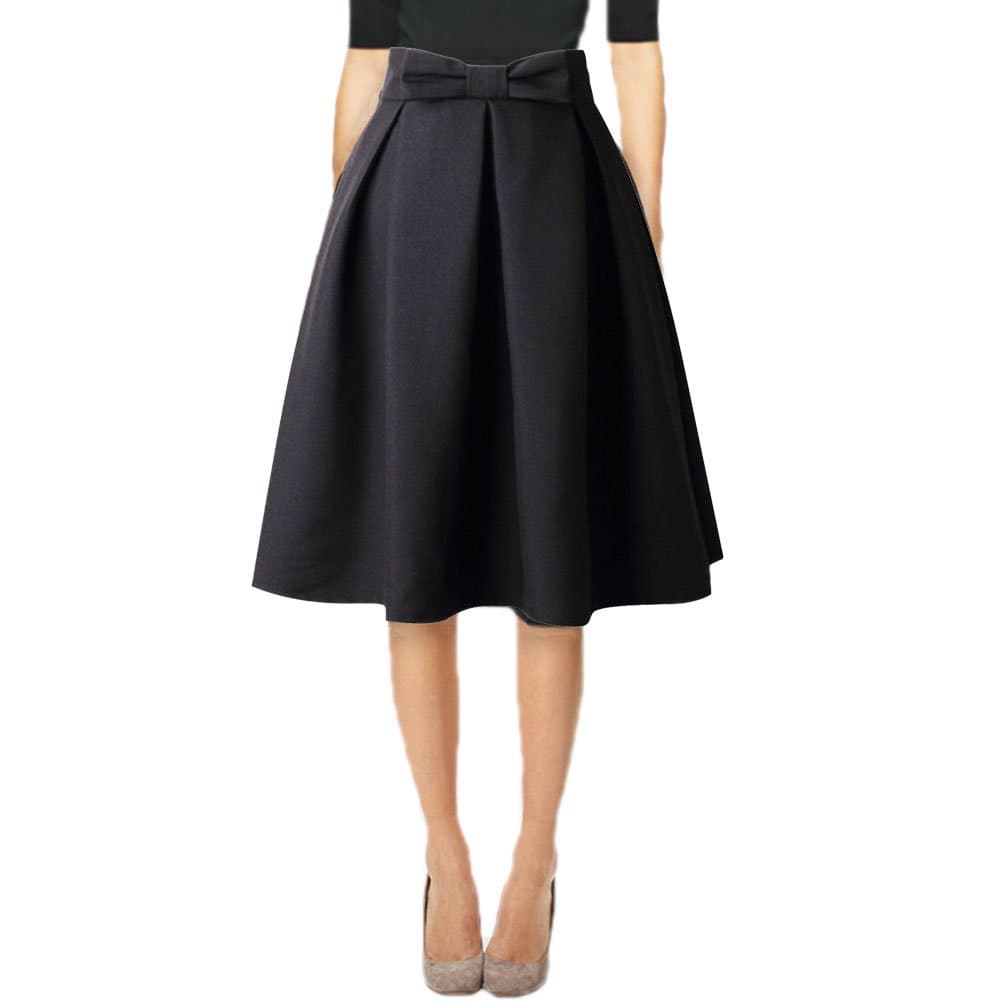 Womens 50s Vintage Skirt Knee Length High Waist Pleated Midi Bow Skirts