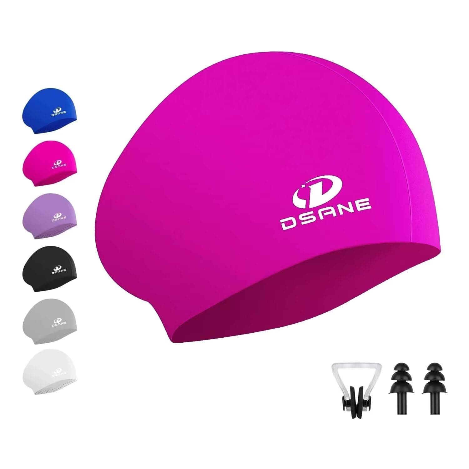 Womens Silicone Swim Cap for Long Hair,3D Ergonomic Design Silicone Swimming Caps for Women Kids Men Adults Boys Girls with Ear Plug and Nose Clip(Fuchsia/L)