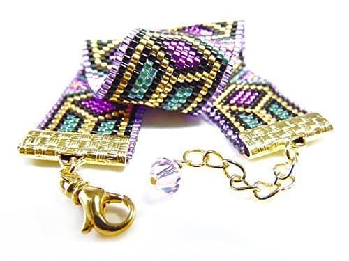 Purple, Green and Gold Stained Glass Peyote Seed Bead Bracelet