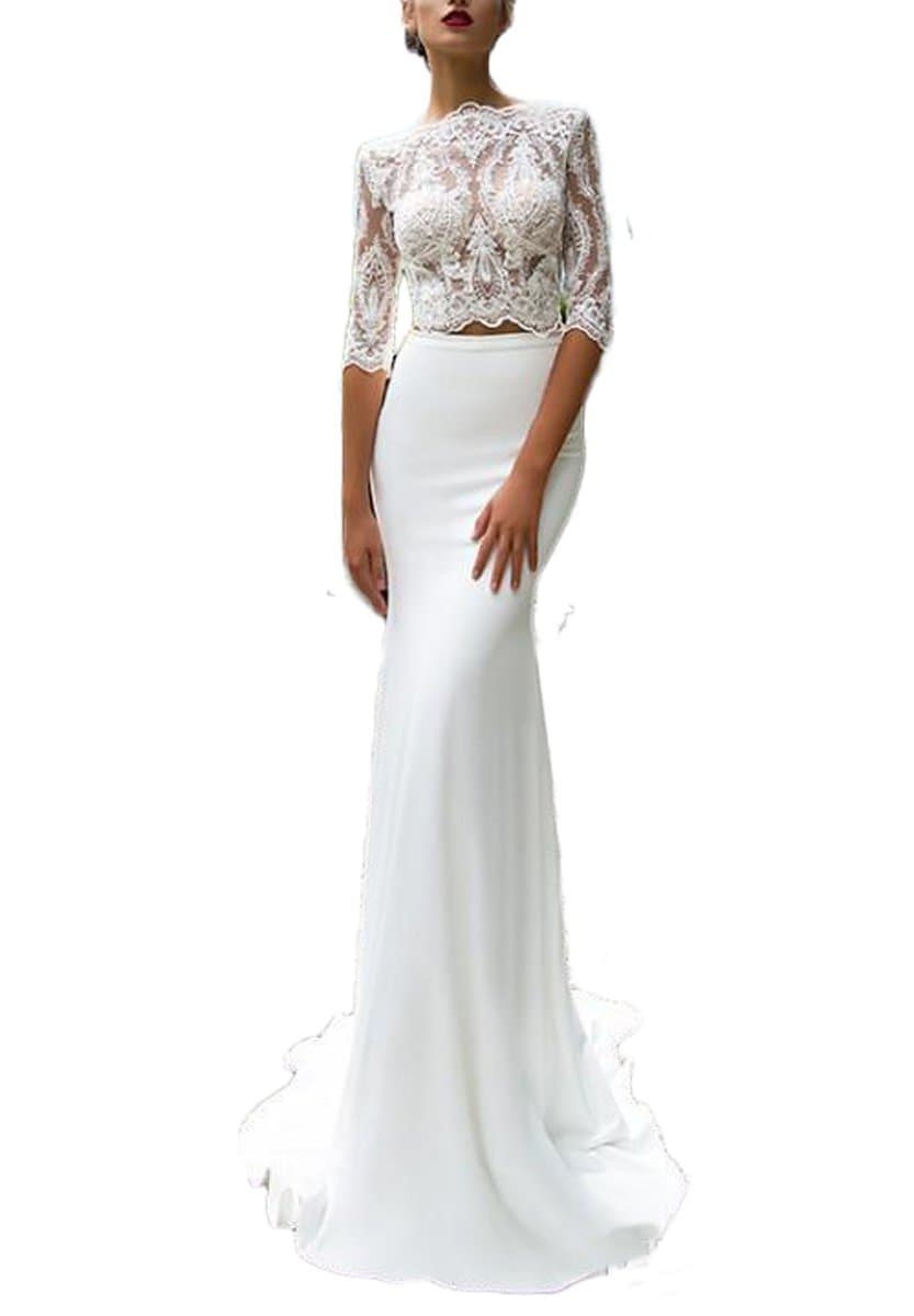 Women's Half Sleevels Lace Beach Wedding Dress Two Pieces Bridal Gown White