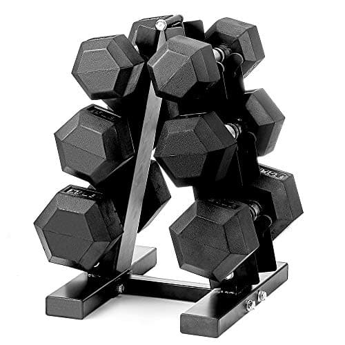 PAPABABE Dumbbells Rubber Encased Hex Dumbbell Free Weights Dumbbells Set with Rack Man Women Home Weight Set Dumbbell with Stand (3 Pairs of Dumbbells in 5 10 15 LB with Dumbbell Rack)