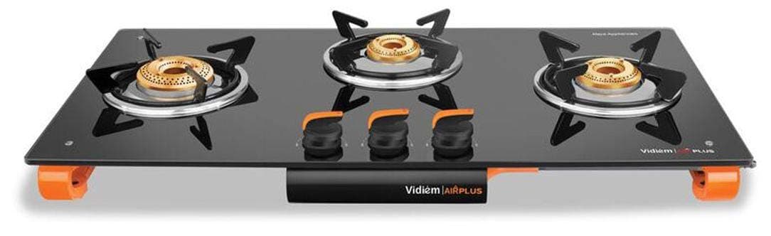 Vidiem Air Plus 3 Burner Manual Gas Stove As World's Only Frameless Glass CookTop with Aesthetically Designed toughened Glass top Model & Free Service for Lifetime Latest, Black.