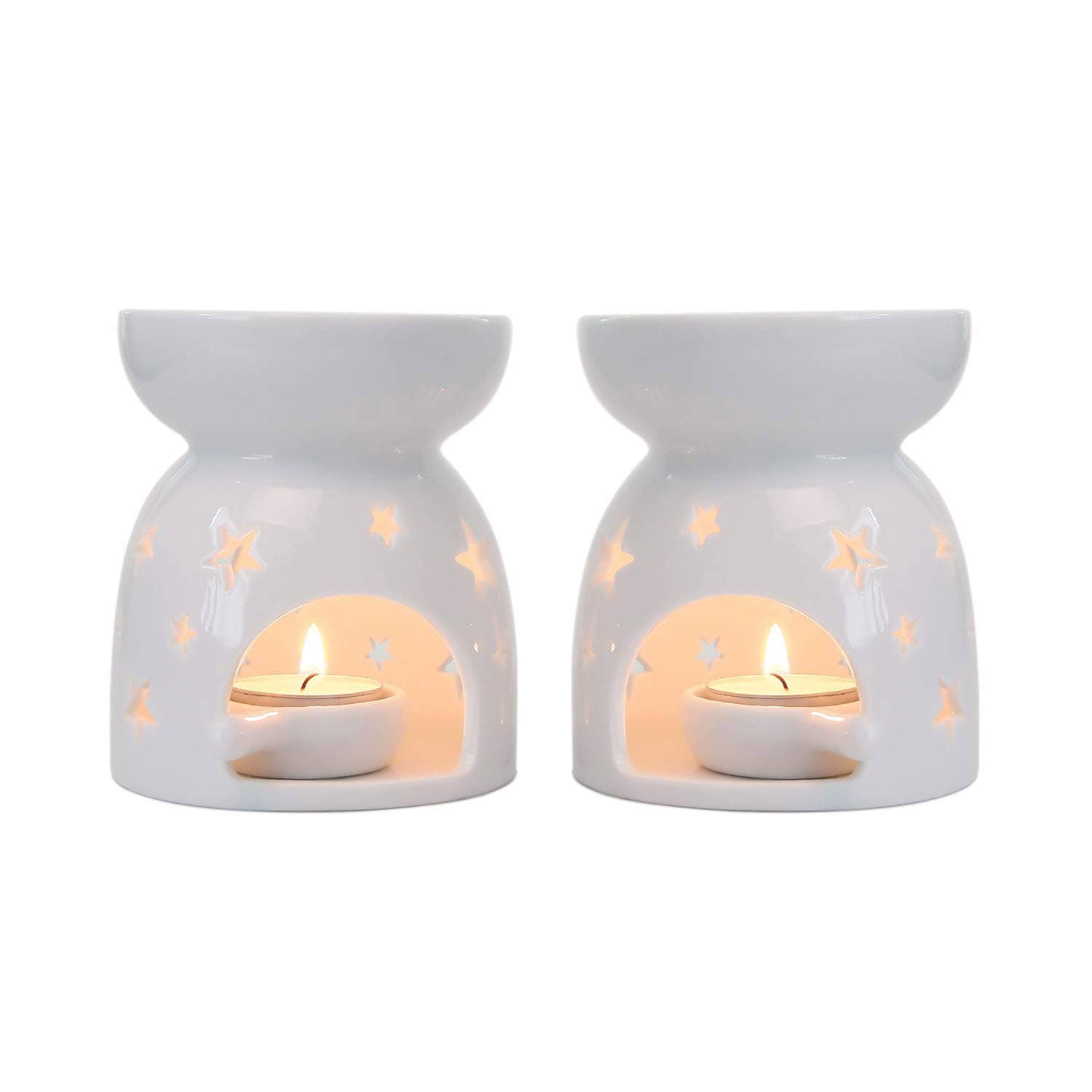 ComSaf Ceramic Oil Burners Wax Melt Holders Set of 2 - Star Pattern, Lovely Aromatherapy Essential Oil Burner Aroma Lamp Diffuser Candle Tealight Holder Home Bedroom Decor Christmas Housewarming Gift