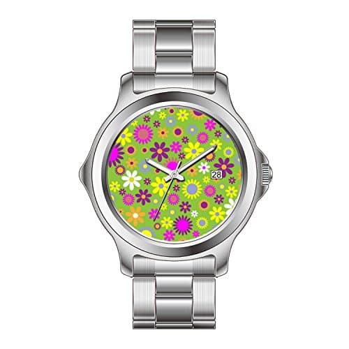 TXMY Custom Watches Fashion Stainless Steel Band Watch Colorful spring floral green pink psychedelic mix wristwatches