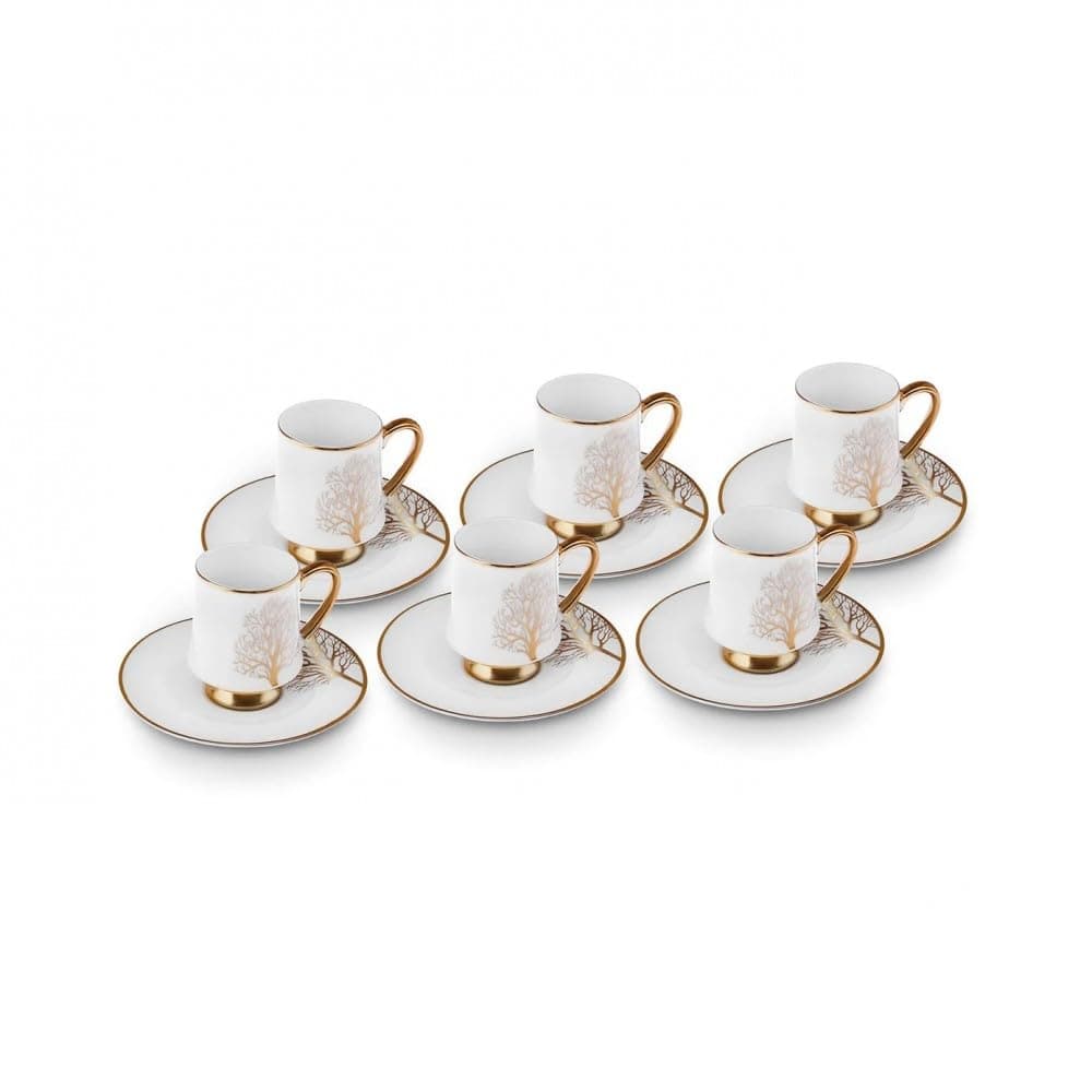 KARACA Afra 12-Piece Bone China Espresso/Turkish Coffee Cup & Saucer Set 90 ml – Elegant White Bone China Set for 6