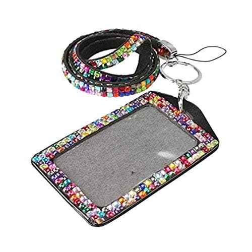 JOJOZZ Card Badge Holder with Metal Clip Strap, Rhinestone Bling Crystal Colorful Custom Lanyard Vertical ID Badge Holders