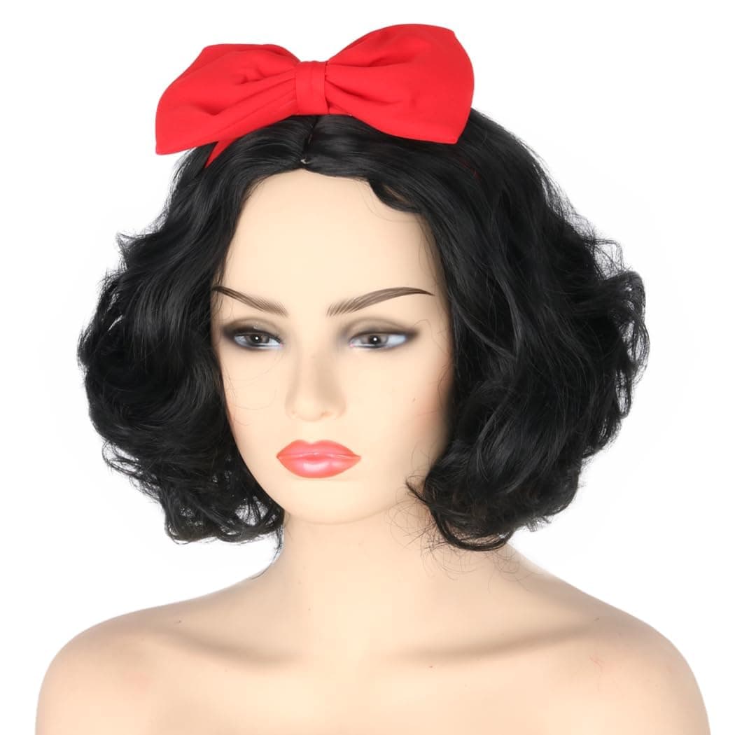 Women Wig Black Short Curly Cosplay Wigs with Bow Headband Halloween Costume Party Wigs