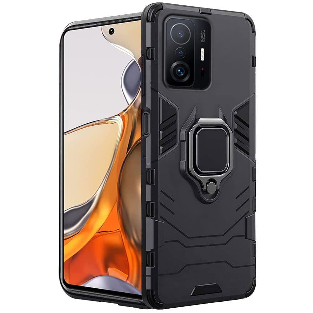 TheGiftKart Tough Armor Bumper Back Cover Case for Xiaomi 11T Pro 5G | Ring Holder & Kickstand in-Built | 360 Degree Protection Back Case Cover for Xiaomi 11T Pro 5G (PC & TPU | Black)