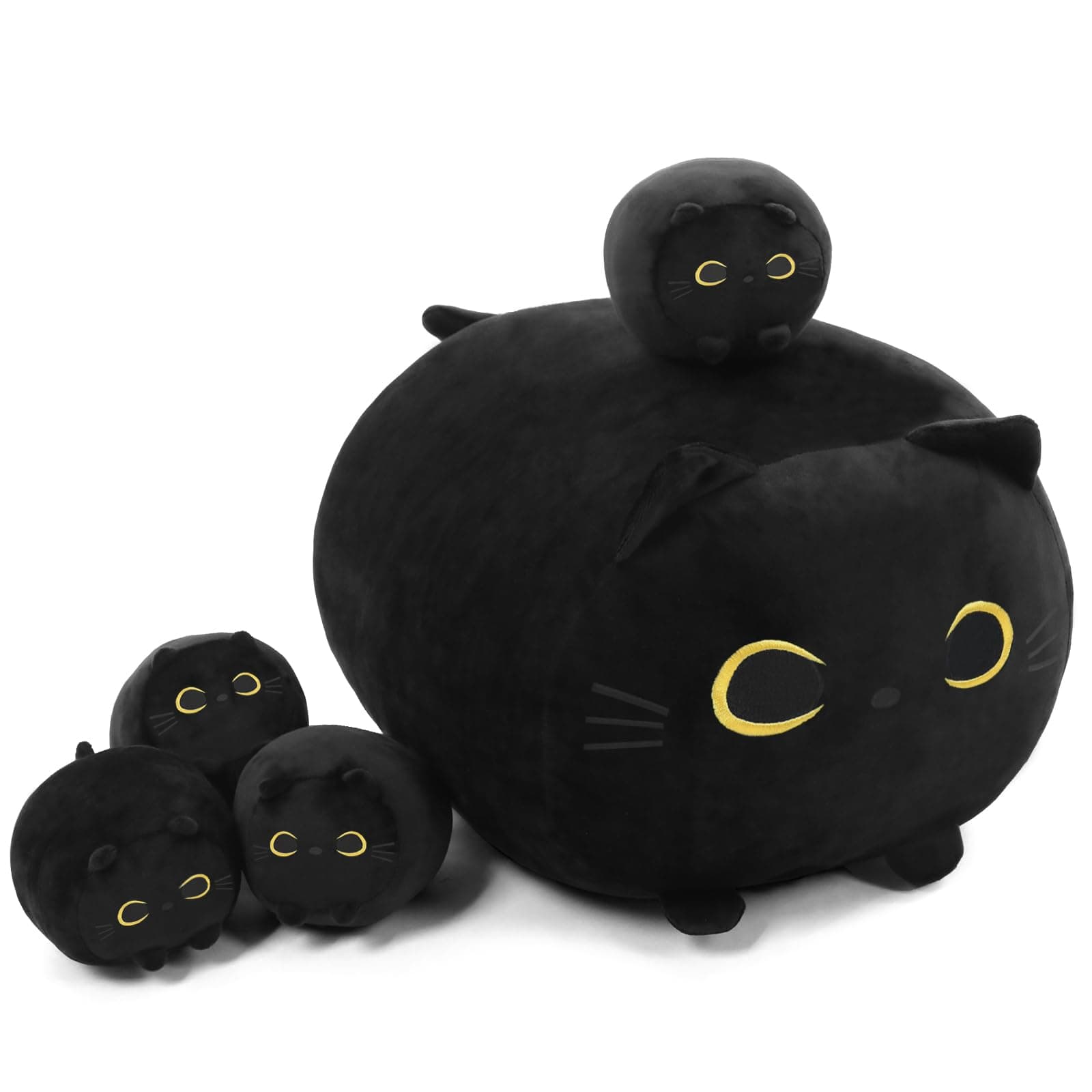TOYSYM Black Cat Stuffed Animal Mommy Cat Plush Toys with 4 Squishy Baby in Her Tummy Soft Cute Hugging Pillows for Boys and Girls