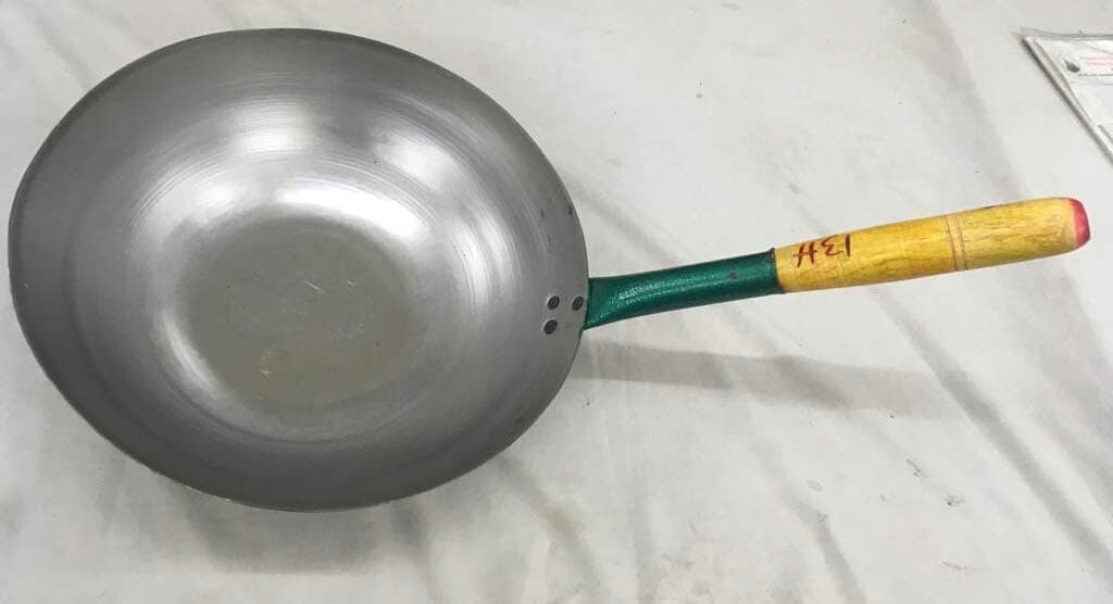 Harsithaa Trading Company Chinese Iron Kadai with Wooden Handle, 13 Inch, Silver