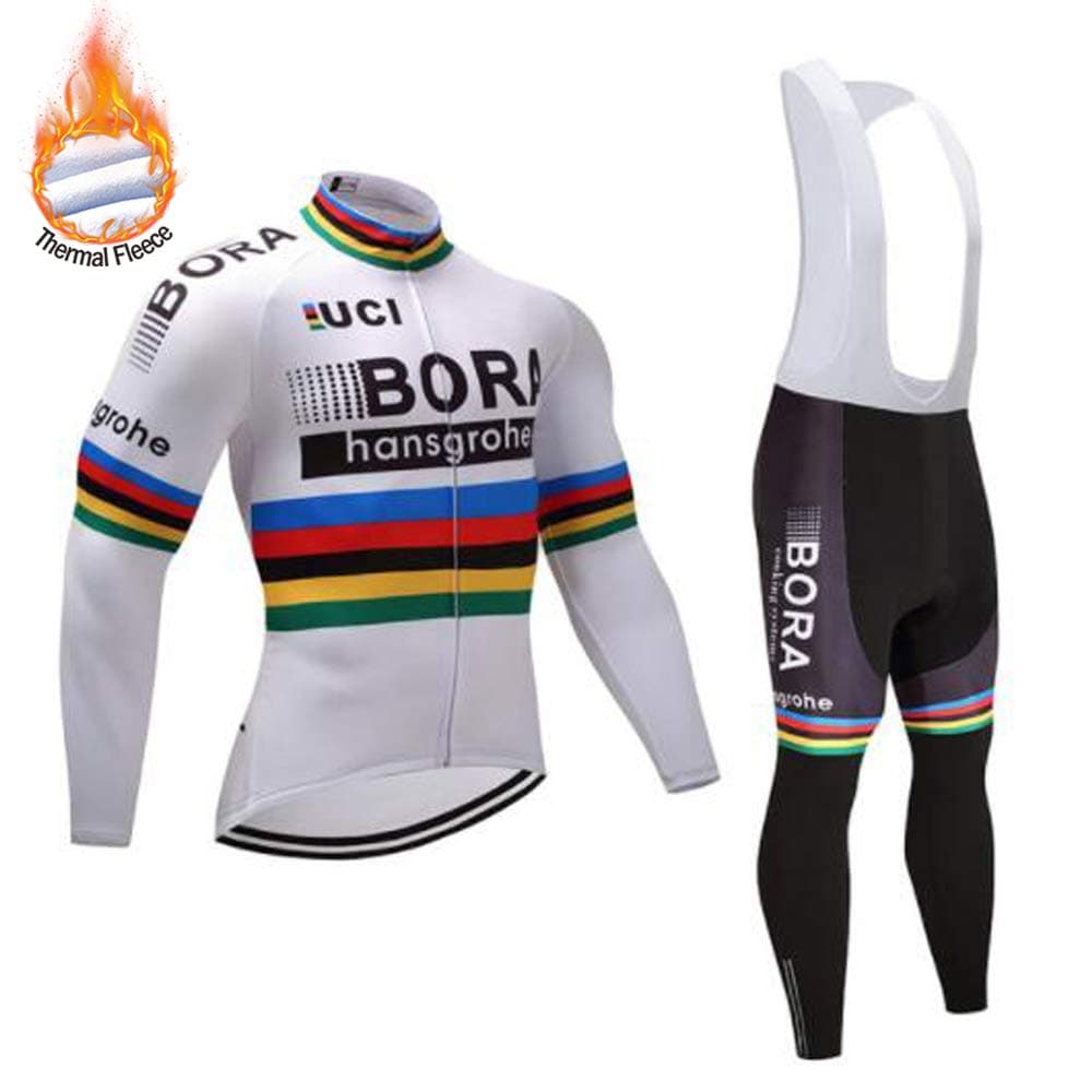 SUHINFE Winter Cycling Suits for Men, Long Sleeve Thermal Fleece Cycling Jersey with Cycling Bib for Pro Team MTB