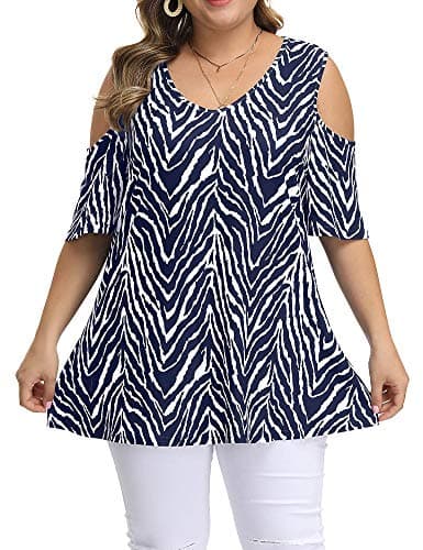 ALLEGRACEWomen's Plus Size Summer Cold Shoulder Tunic Top Short Sleeve Tunics V Neck T Shirts