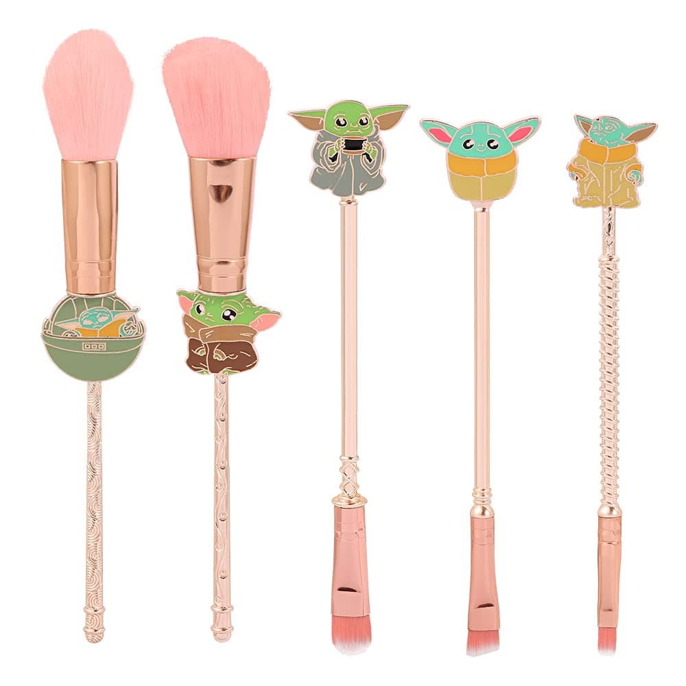 HORIK Baby Yoda Makeup Brushes with 5PCS Star Wars Theme Cosmetic Brushes Premium Metal Handle Anime Brushes Foundation Blending Blush Eye Shadows Face Powder Fan Brushes Set Gift for Young Girl Women