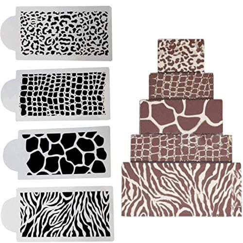 4 Pack Zebra Leopard Snake Crocodile Skin Pattern Cake Border Embossed Decorating Molds Plastic Fondant Template DIY Baking Tools Coffee Spray Stencils Powdered Sugar Sieve PVC Mold