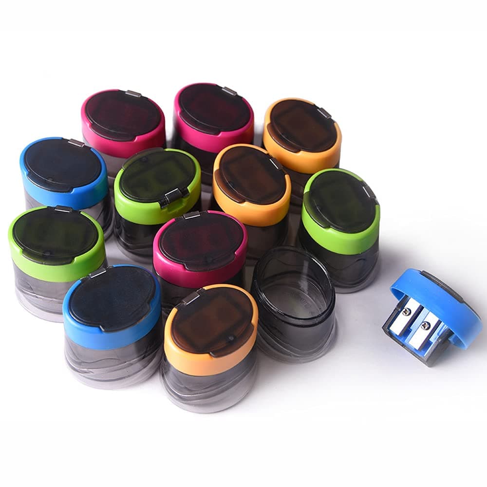 Pencil sharpeners, [12 Pack] Double Hole Coloured Pencil Sharpener with Container, Safety Sealed Blade Sharpener with Cover, Rubber and Sharpener Manual Sharpener for Kids School Stationery Multipack